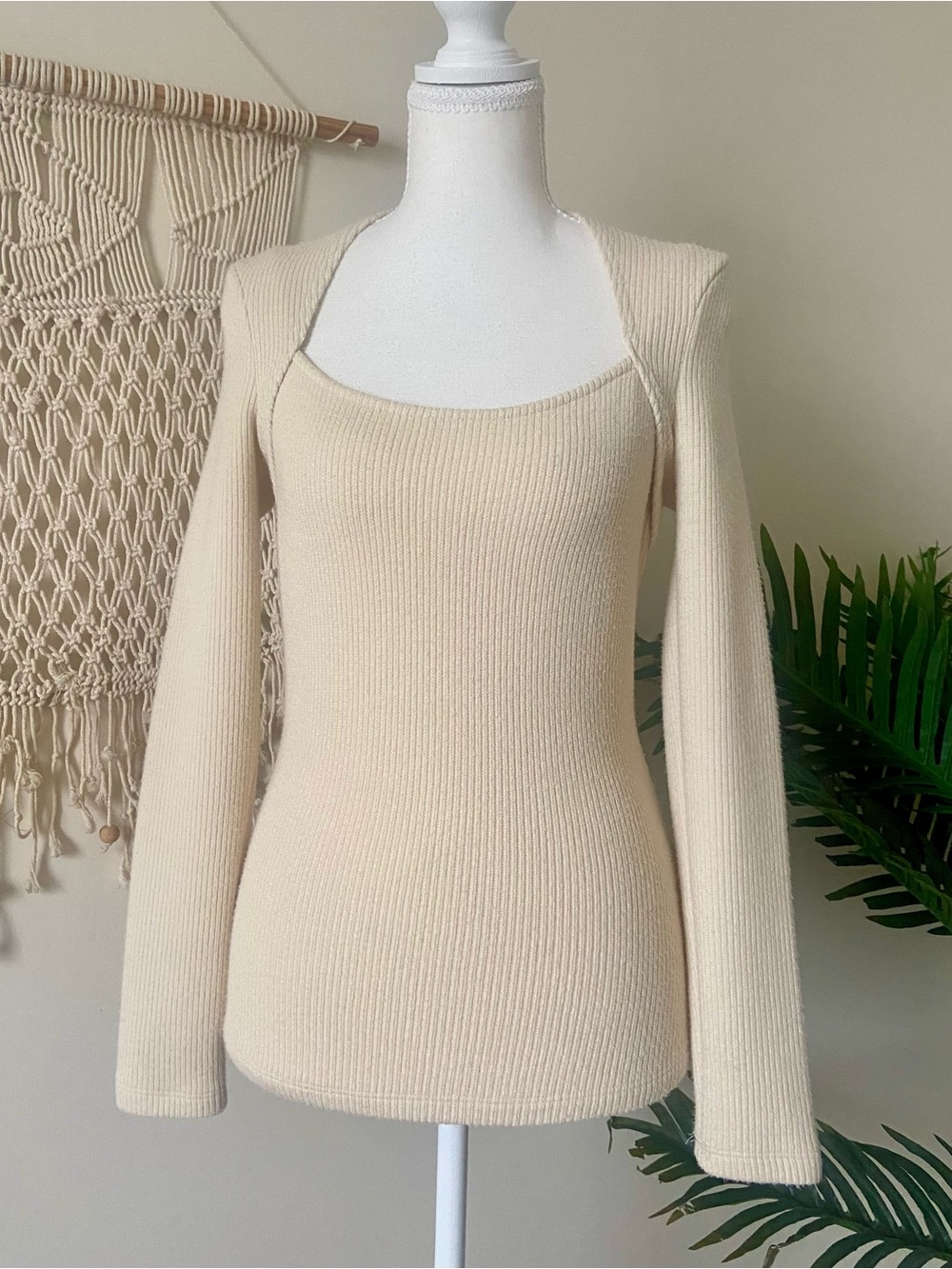Anthropologie Long Sleeve Faux Bolero Ribbed Knit Top XS Ivory Pullover